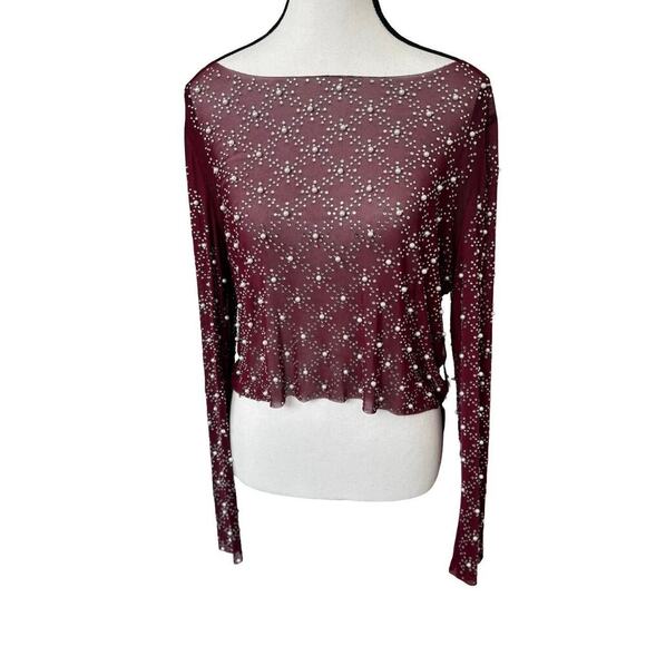 FADED ROSE BURGUNDY LONG SLEEVE MESH PEARL BEADED BLOUSE FADED ROSE  MEDIUM NWT. - Picture 2 of 8